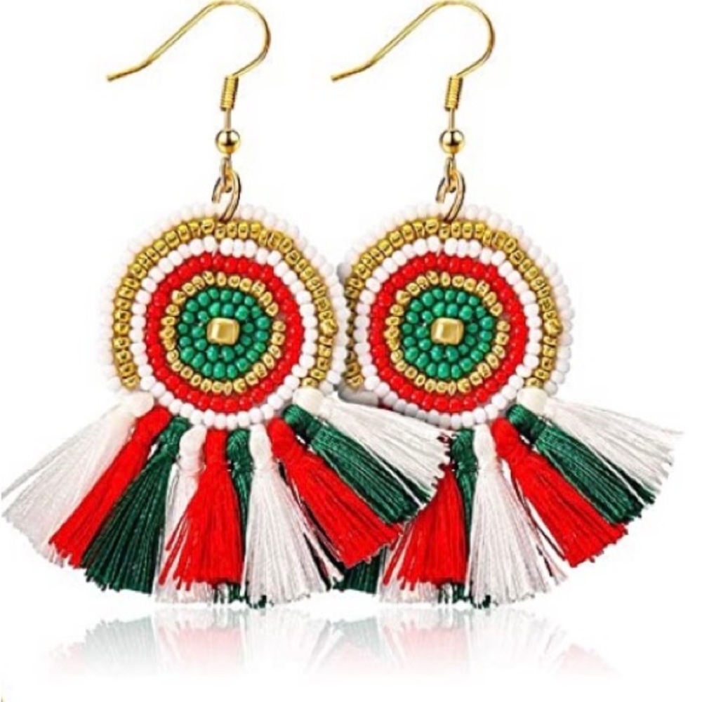 Handmade Bohemian Christmas Beaded Drop Down Tassel Earrings